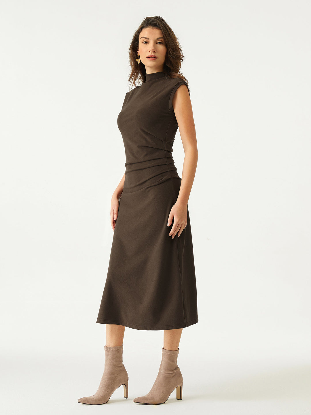 Mockneck Tucks Midi Dress